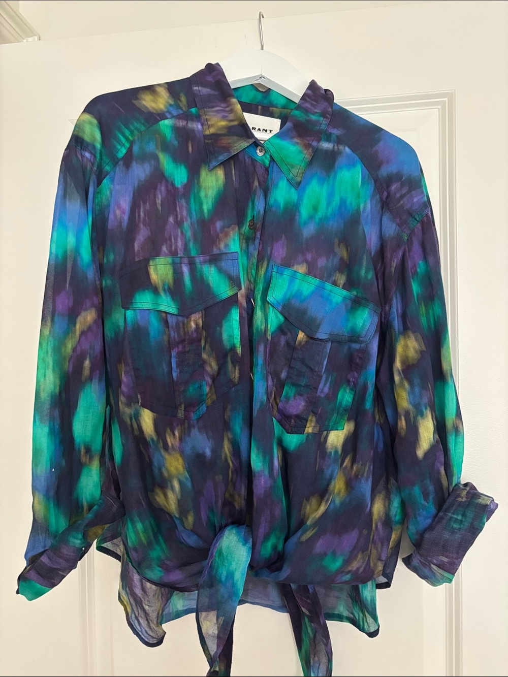 Isabel Marant Teal, Purple & Gold Tie-Front Button Down Blouse
